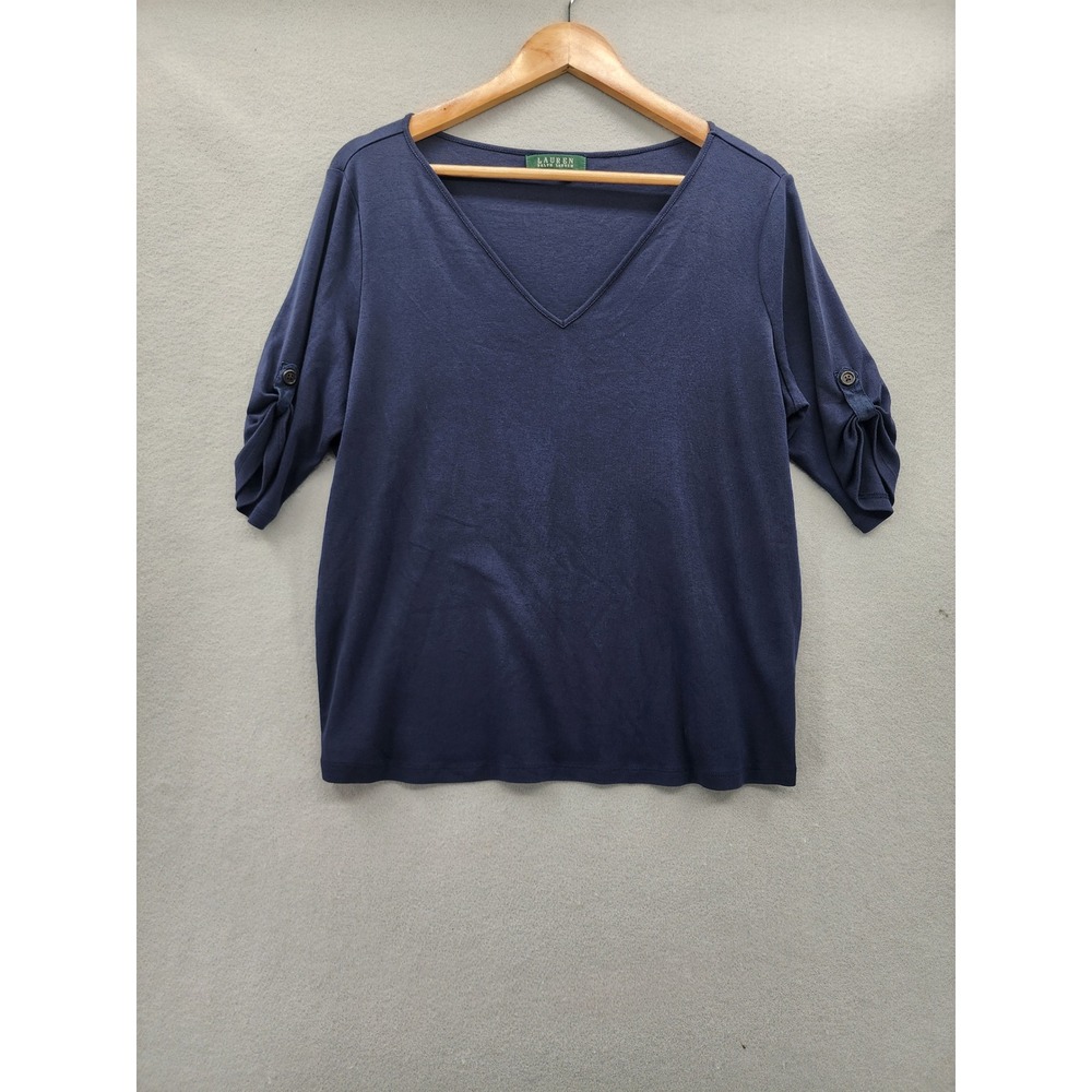 Lauren‎ Ralph Lauren Navy Blue V-Neck Ruched 3/4 Sleeve Top Plus Size 1X Classic